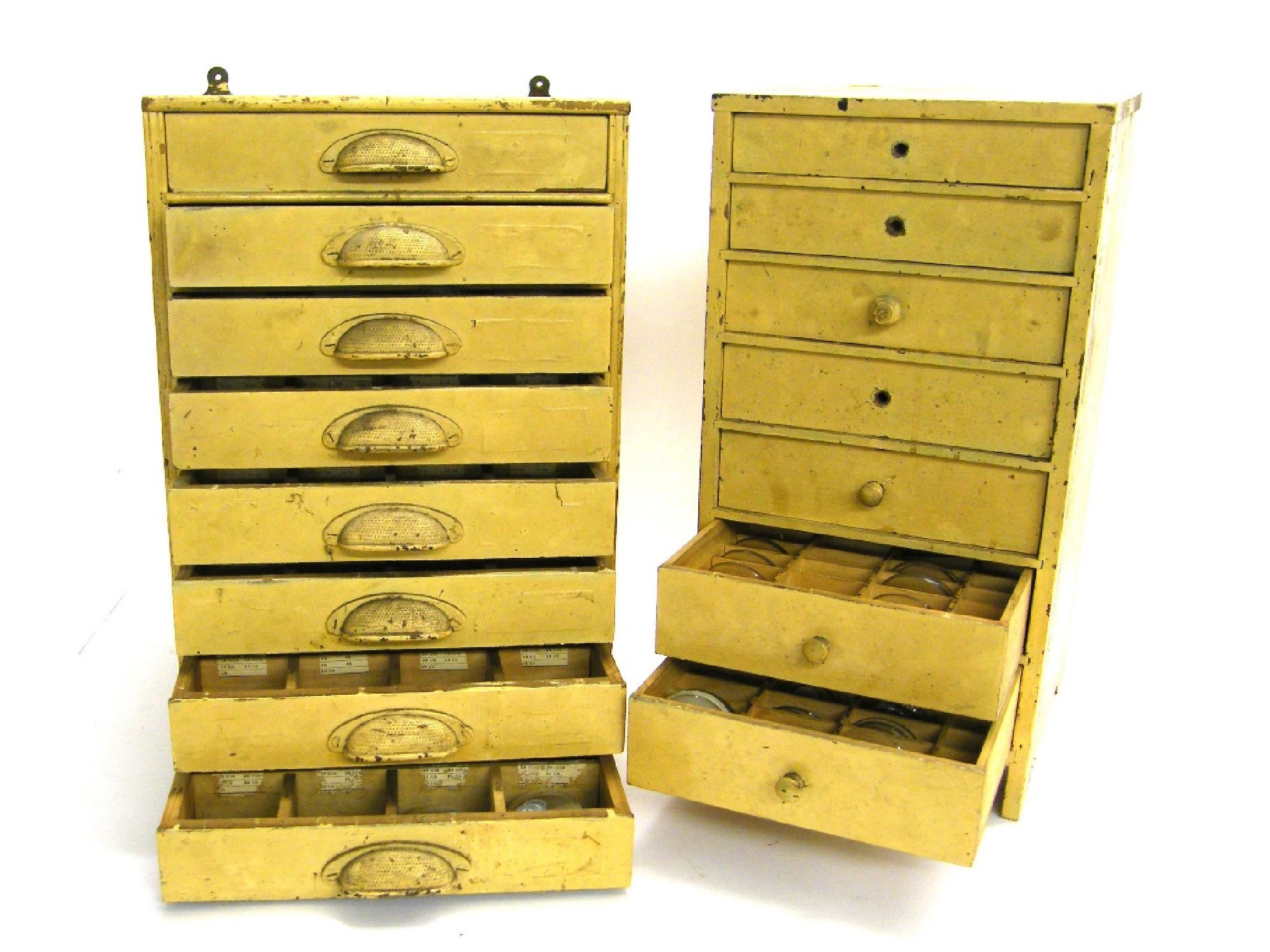 Appraisal: Two painted wooden watchmaker's chests containing a large assortment of