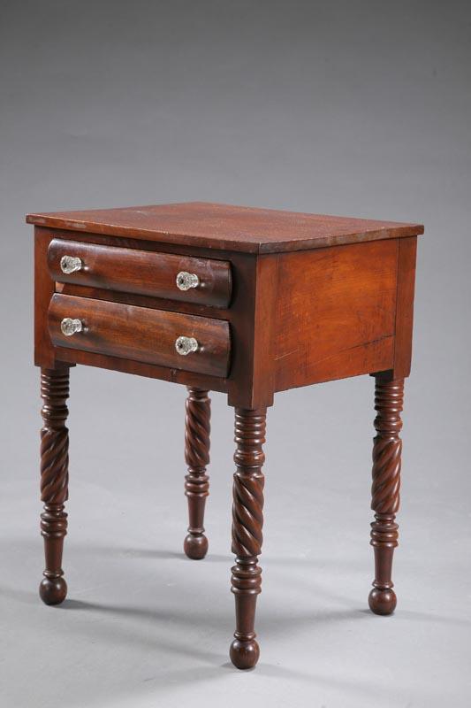 Appraisal: TWO DRAWER STAND Cherry with rolled drawers on turned and