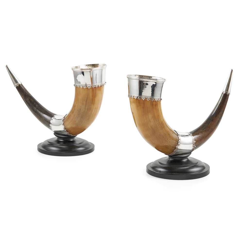 Appraisal: PAIR OF SILVER-PLATE MOUNTED HORN CUPS EARLY TH CENTURY on