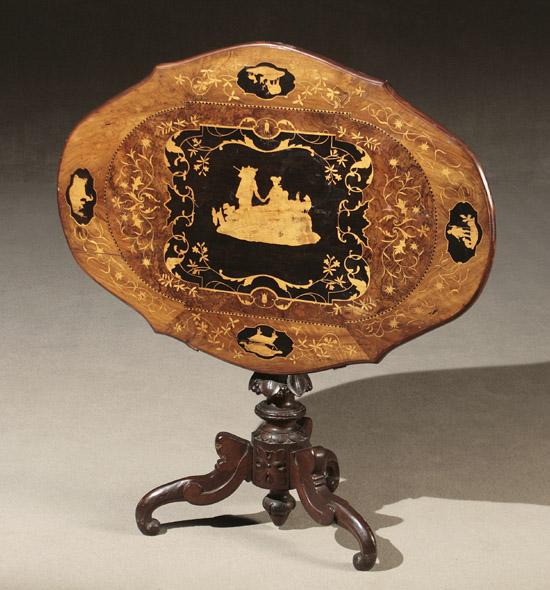 Appraisal: Austrian Penwork and Marquetry Parcel Ebonized Figured Walnut Tilt-Top Tripod