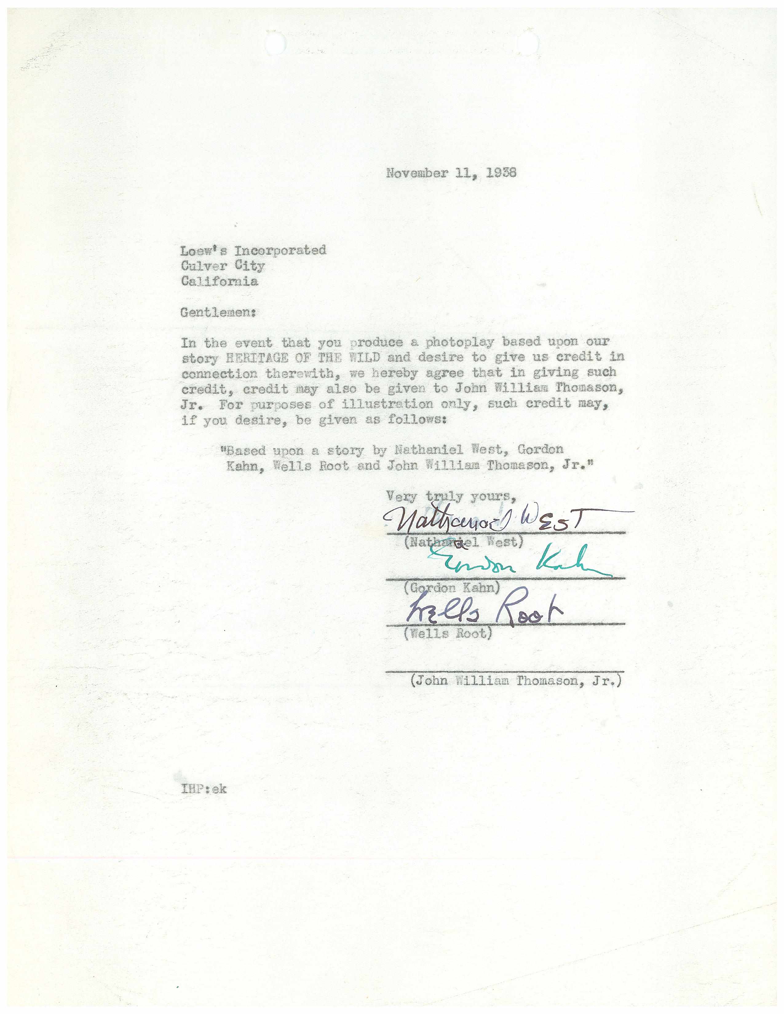 Appraisal: WEST NATHANAEL - Typed Document Signed ''Nathanael West'' p to