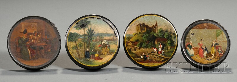 Appraisal: Four Papier-mache Snuff Boxes with Hand-painted Genre Scenes early th