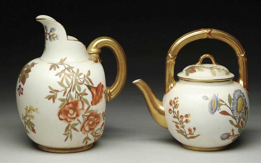 Appraisal: TWO DECORATED PIECES OF ROYAL WORCESTER Handled pitcher bottom marked