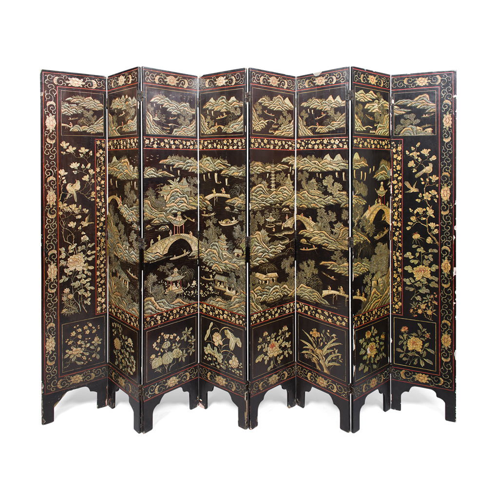 Appraisal: EIGHT FOLD LACQUER SCREEN QING DYNASTY each fold decorated in