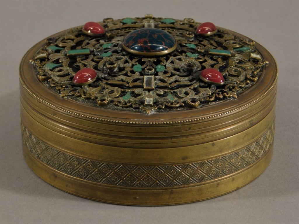 Appraisal: EUROPEAN BRONZE HARDSTONE JEWELED VANITY BOX Europe Early th CenturyCircular