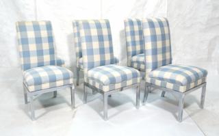 Appraisal: Set Milo Baughman Blue Cream Plaid Dining Cha Set Milo