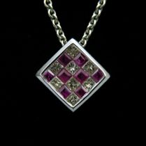 Appraisal: A Ruby Diamond Pendant Necklace A checker board pattern of