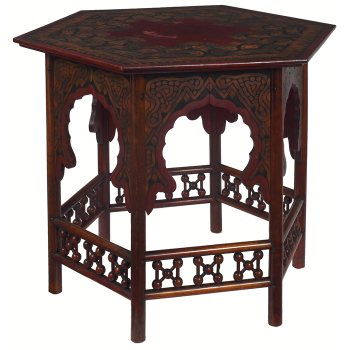 Appraisal: Arts and Crafts table hexagonal top with Flemish design in