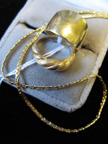 Appraisal: THREE ARTICLES OF FOURTEEN KARAT GOLD JEWELRY including two rings