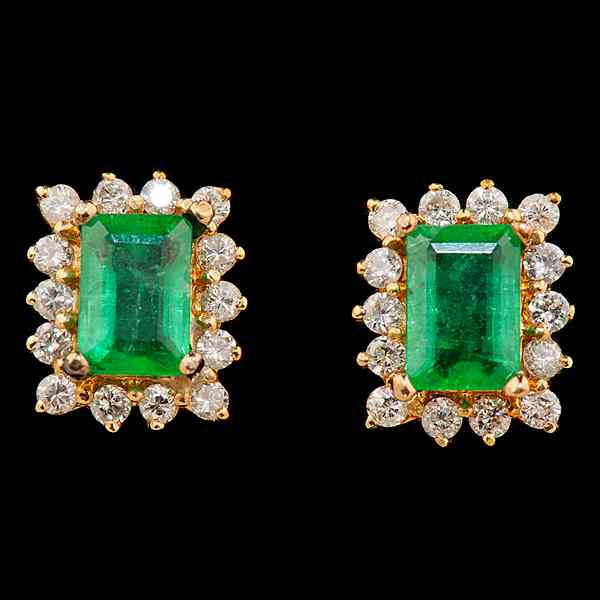 Appraisal: Emerald and Diamond Earrings A pair of k yellow gold