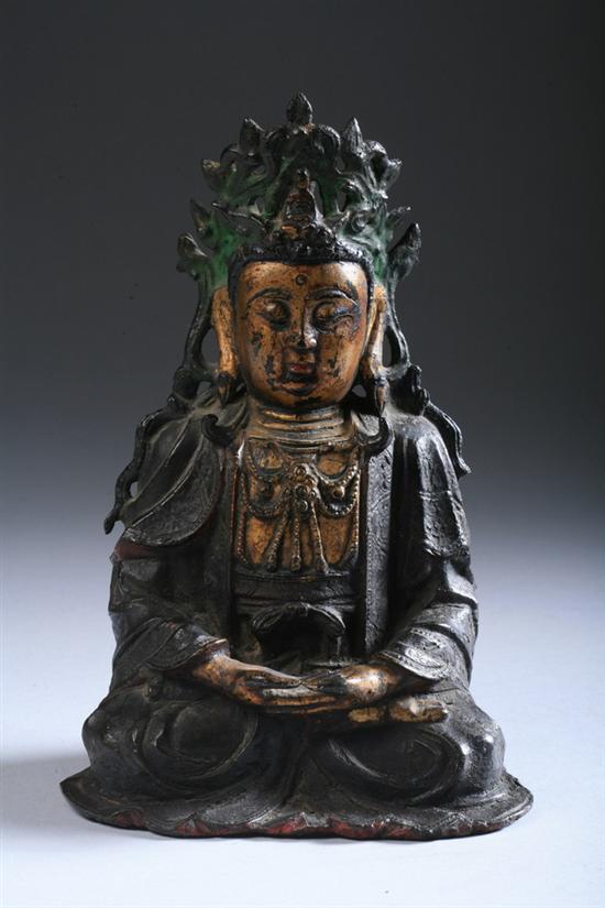 Appraisal: CHINESE LACQUERED BRONZE FIGURE OF BODHISATTVA Ming Dynasty Seated in