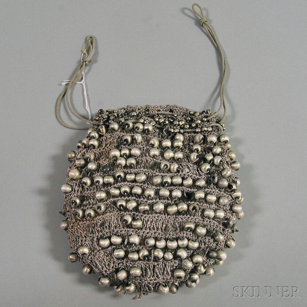 Appraisal: Beaded and Crocheted Silk Drawstring Bag probably America c gray