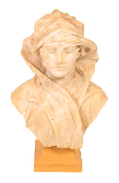 Appraisal: An alabaster bust of a veiled woman on a wood