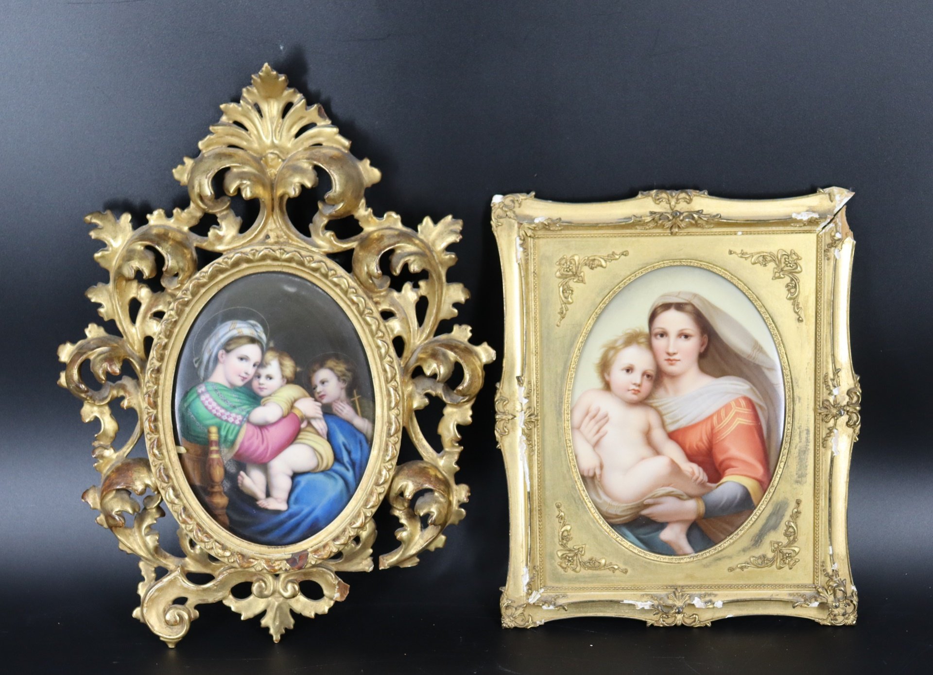 Appraisal: FRAMED K P M STYLE PORCELAIN PLAQUES Madonna and child