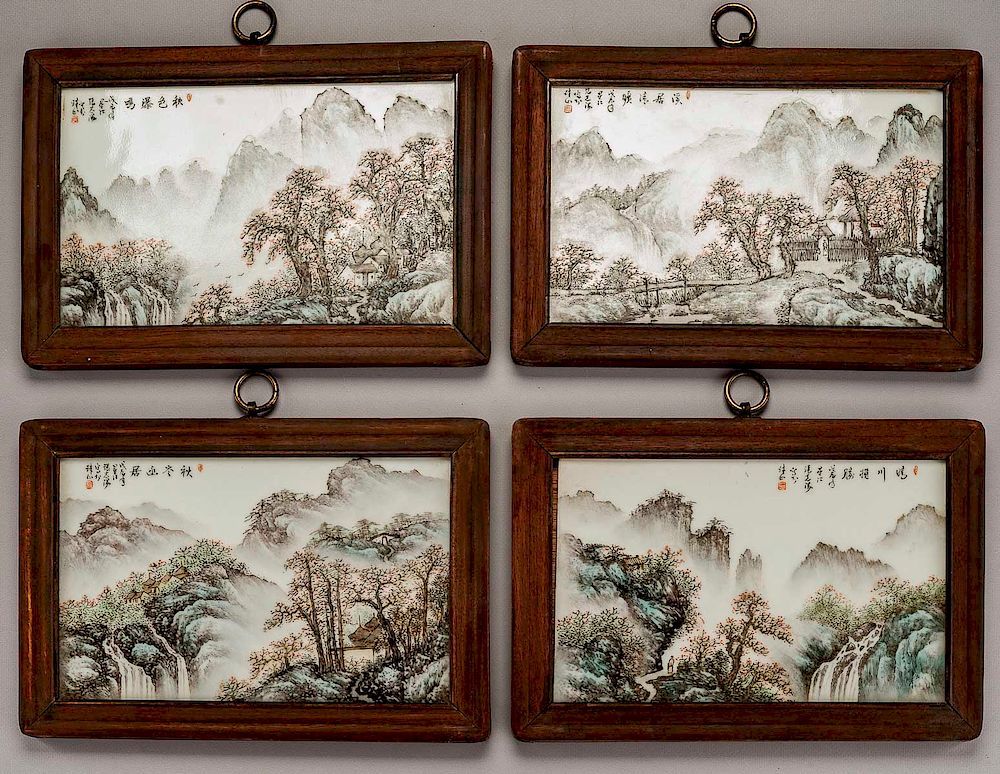 Appraisal: Chinese Porcelain Plaques Mountain Scenes DESCRIPTION Four Chinese enamel on