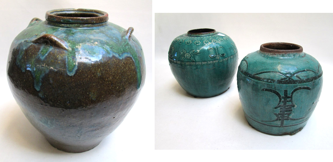 Appraisal: THREE CHINESE TURQUOISE GLAZED EARTHENWARE JARS with various Chinese inspired