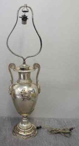 Appraisal: Classical Style Silverplate Urn Lamp with EgyptianMotif and Bacchus Type