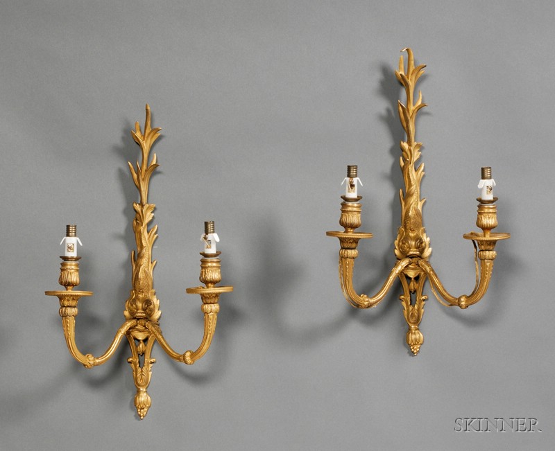 Appraisal: Pair of Louis XVI Style Bronze Two-light Wall Sconces early