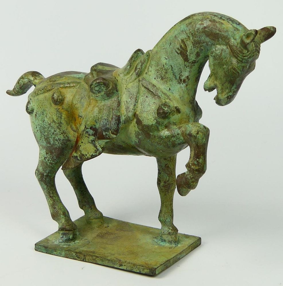 Appraisal: CHINESE BRONZE TANG HORSE WITH GREEN PATINA A Chinese bronze