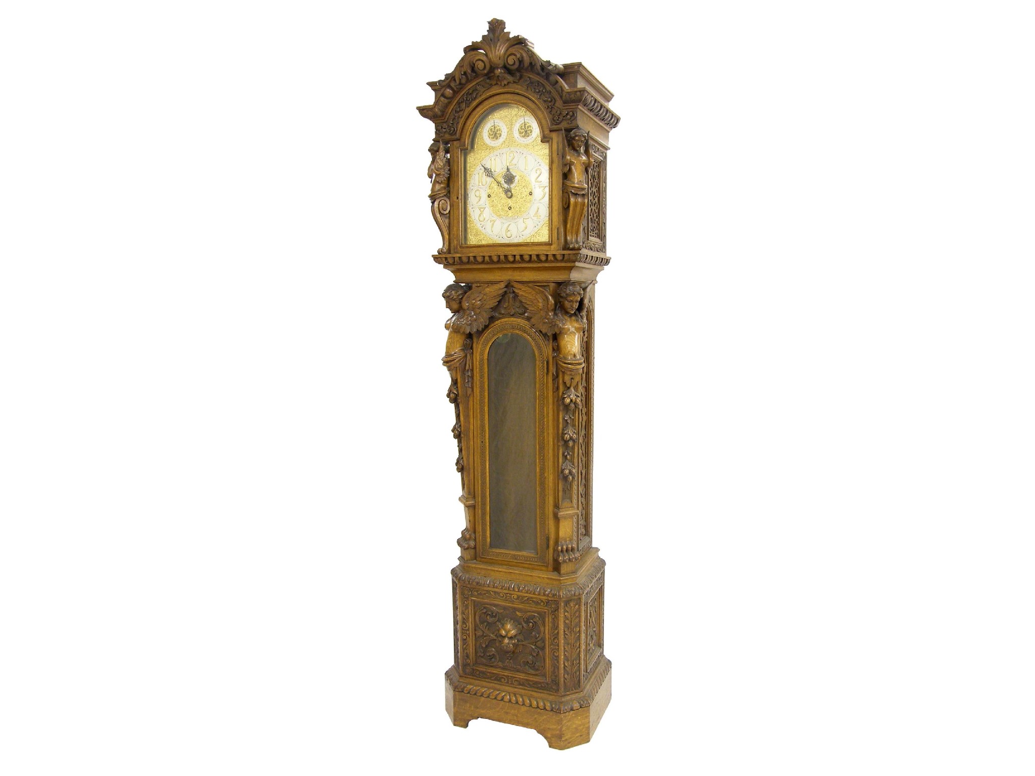 Appraisal: Impressive James Elliott carved oak three train musical longcase clock