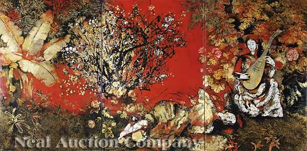 Appraisal: Nguy n Gia Tri Vietnamese - Spring Garden triptych lacquer