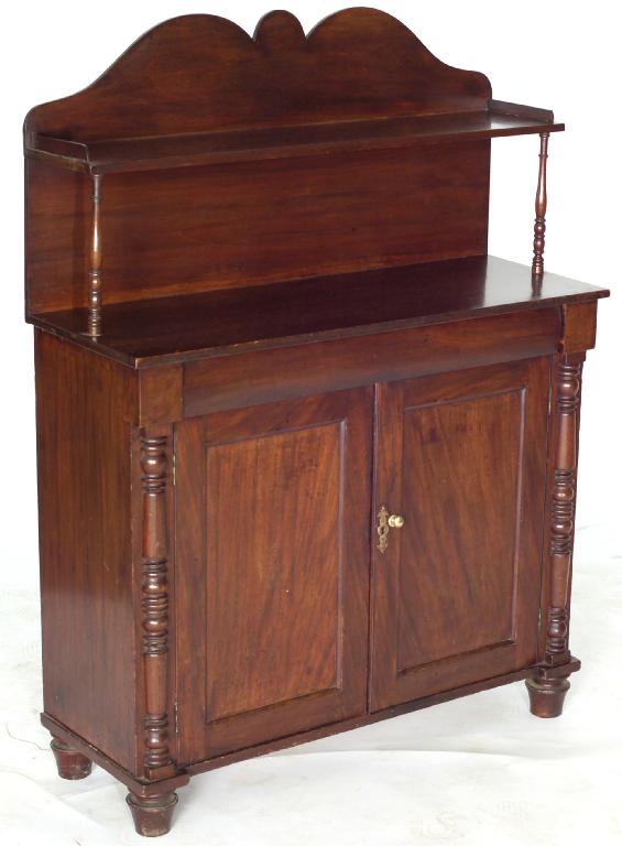 Appraisal: EARLY VICTORIAN MAHOGANY CHIFFONIER c the shelved superstructure with serpentine