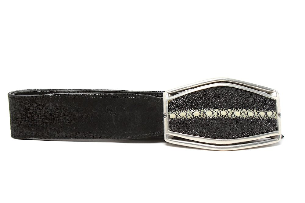 Appraisal: Fahrenheit Vintage Leather Belt w Shagreen Buckle Fahrenheit vintage black