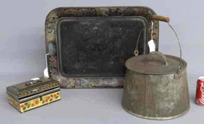 Appraisal: Lot early metalware including painted document box pail with lid