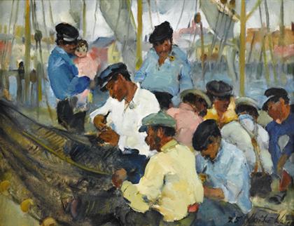 Appraisal: MARTHA WALTER american - MENDING NETS ON ITALIAN DOCKS GLOUCESTER