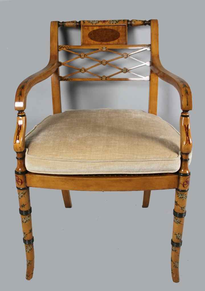 Appraisal: RIST GEORGE III STYLE POLYCHROME DECORATED SATINWOOD CANED SEAT ARMCHAIR