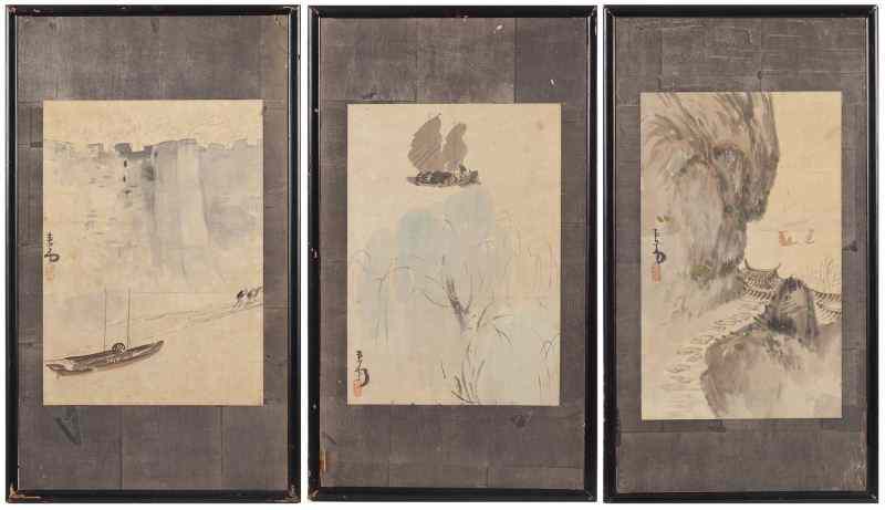 Appraisal: Set of Three Chinese Watercolorslandscapes each artist signed silver tea