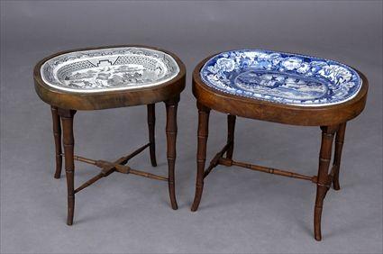 Appraisal: TWO STAFFORDSHIRE TRANSFER-PRINTED PLATTERS SET INTO WOOD BAMBOO STANDS The