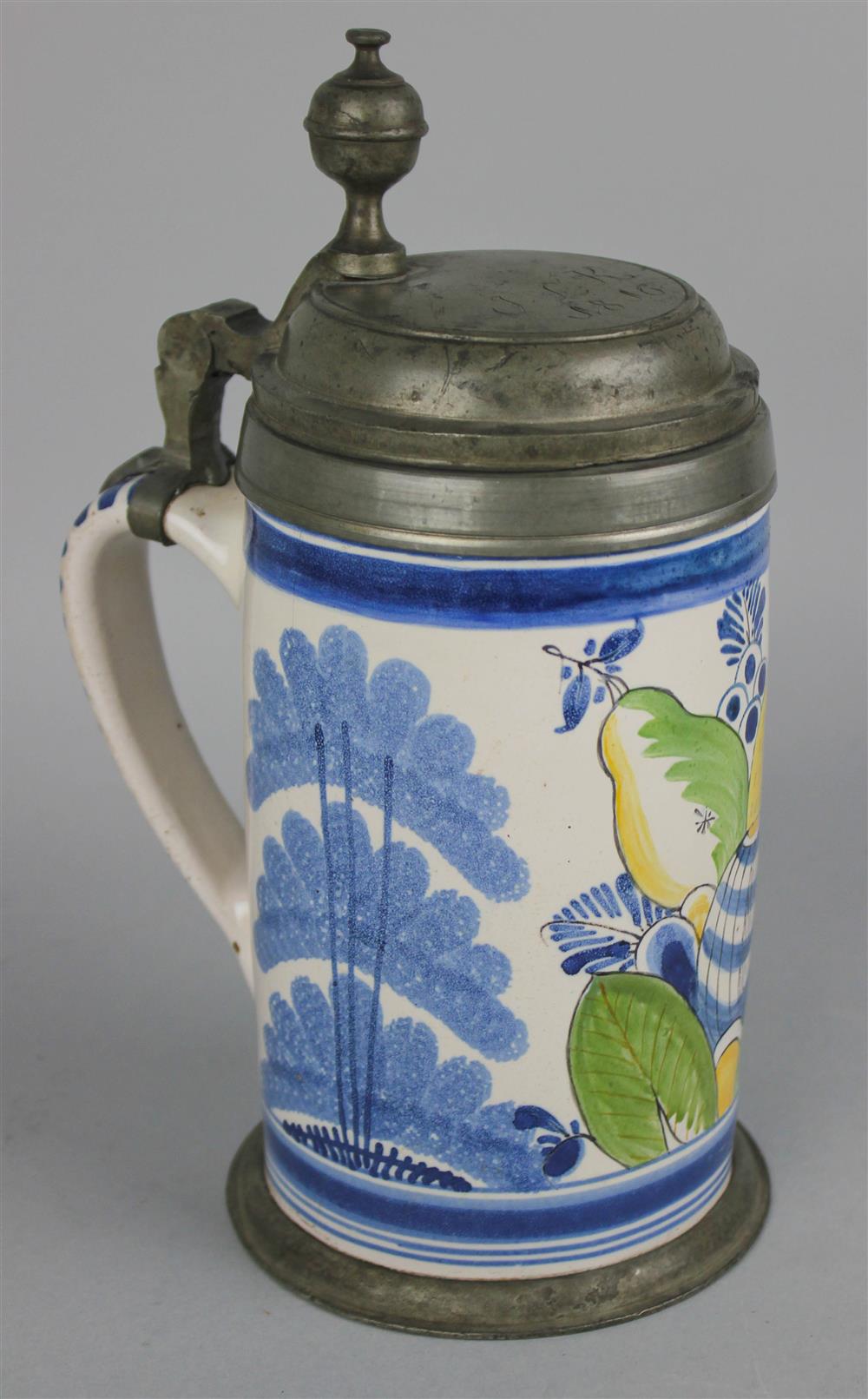 Appraisal: GERMAN PEWTER MOUNTED FAIENCE STEIN early th Century Bayreuth with