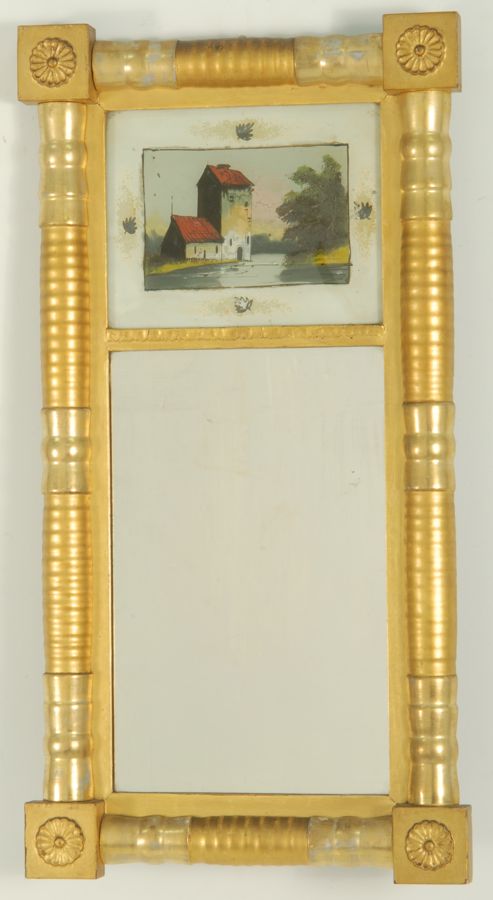 Appraisal: ANTIQUE AMERICAN SHERATON GILT TWO-PART MIRROR Reverse-painted upper tablet depicting