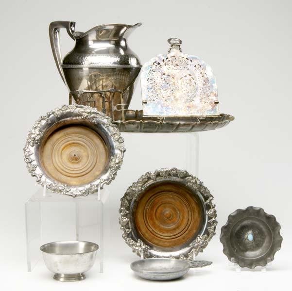 Appraisal: SILVERPLATE PEWTER GROUP Including waterpitcher with Greek key and hammered