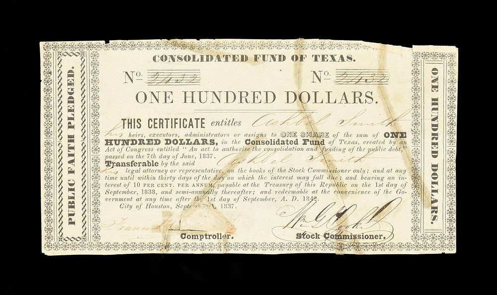 Appraisal: A REPUBLIC OF TEXAS CONSOLIDATED FUND OF TEXAS CERTIFICATE ISSUED