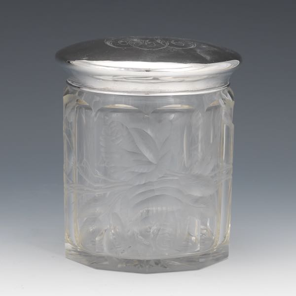 Appraisal: CRYSTAL AND STERLING SILVER JAR x Etched crystal jar with