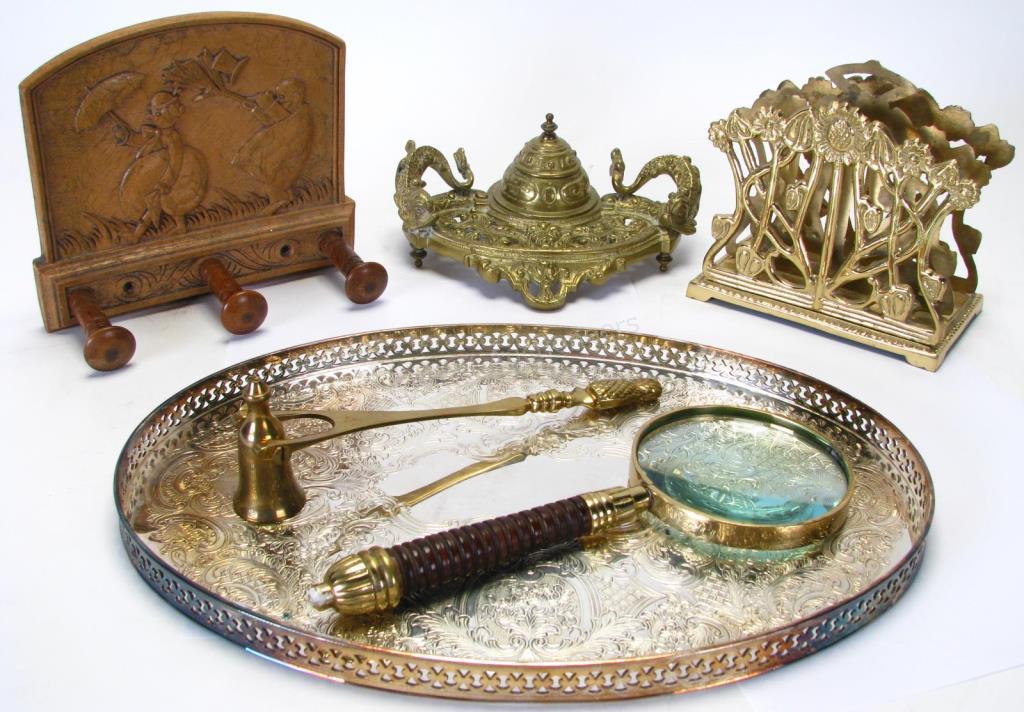 Appraisal: Group of Decorative Accessories carved wood and brass magnifying glass