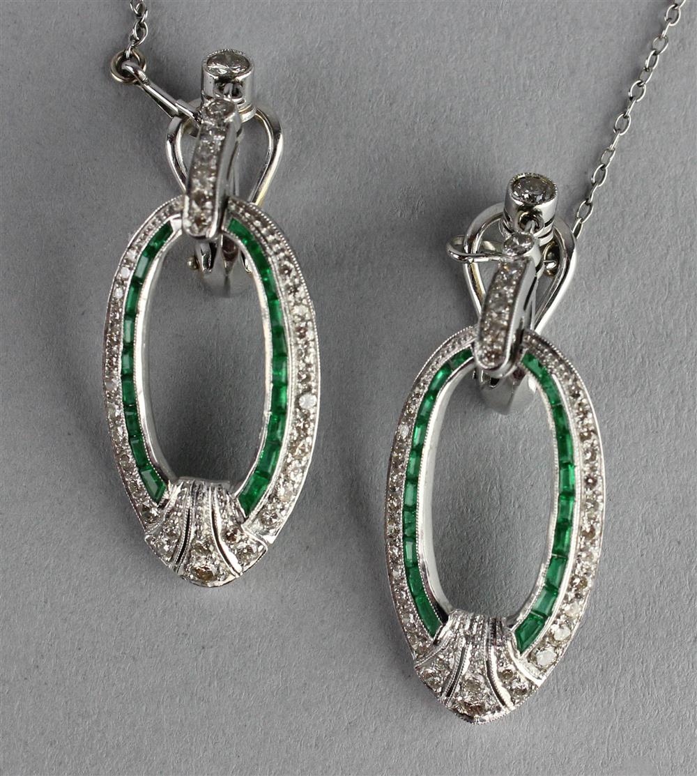 Appraisal: LADY'S ART DECO STYLE DIAMOND AND EMERALD HOOP EARRINGS set