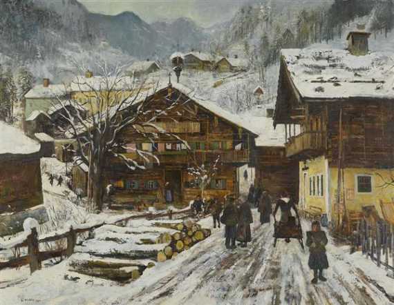 Appraisal: HUBER ERNST Vienna Mountain village in the winter Oil on