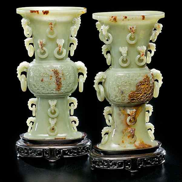 Appraisal: Yellow Jade Gu-Form Chinese Vases Chinese th century Qing dynasty