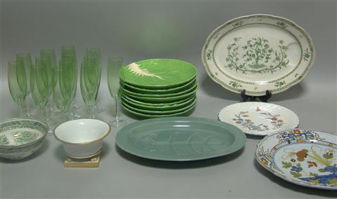 Appraisal: COLLECTION OF VARIOUS TABLEWARES Including green glass champagne flutes green