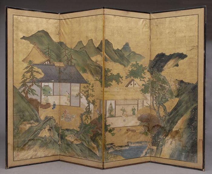 Appraisal: JAPANESE GOLD-GROUND PAINTED PAPER FOUR-FOLD SCREEN ft in x ft