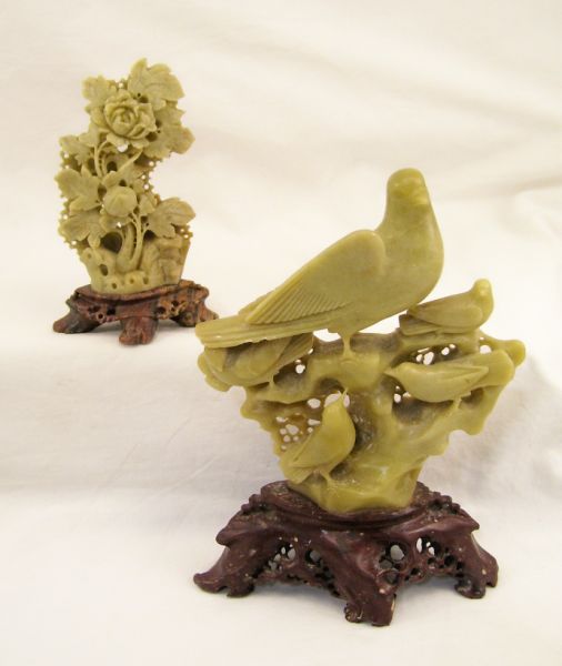 Appraisal: - Carved Soapstone Figures on stands Includes Carved flowers on