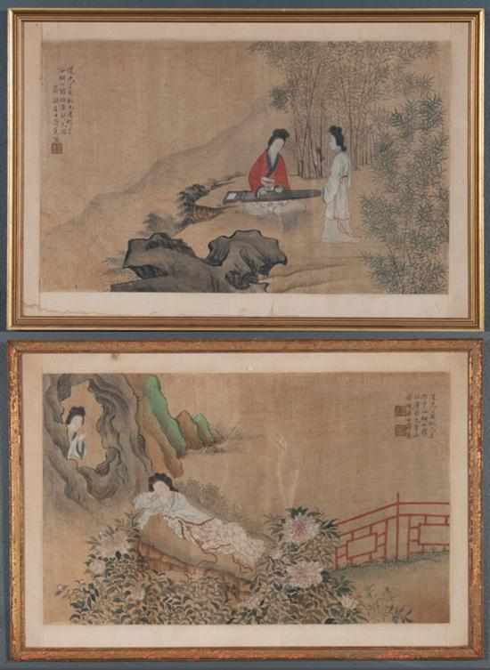 Appraisal: Two Chinese paintings on silk depicting idealized garden scenes framed