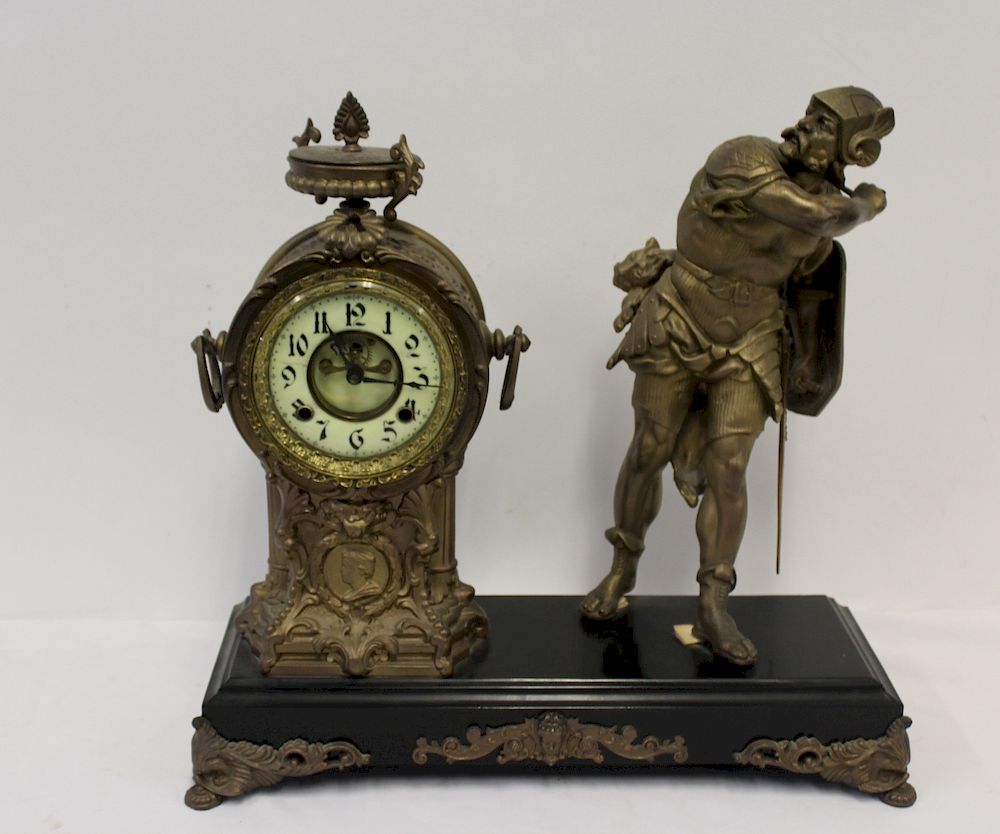 Appraisal: Patinated Metal Figural Clock With Open Escapement Ansonia Viking clock