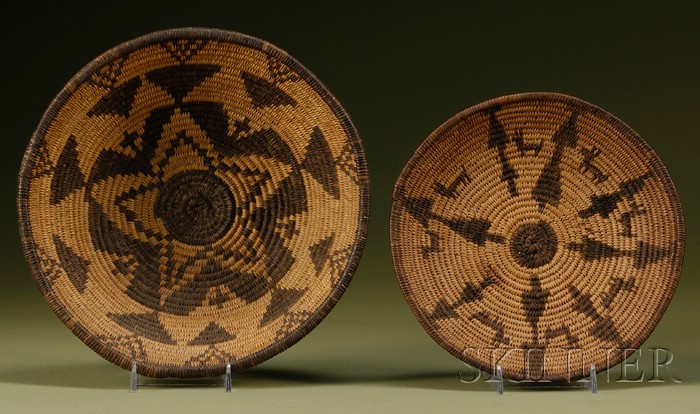 Appraisal: Two Southwest Coiled Basketry Trays Apache c one with geometric