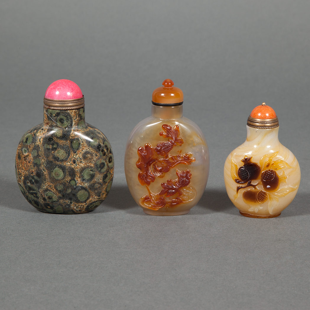 Appraisal: Group of Three Chinese Hardstone Snuff Bottles Comprising an agate