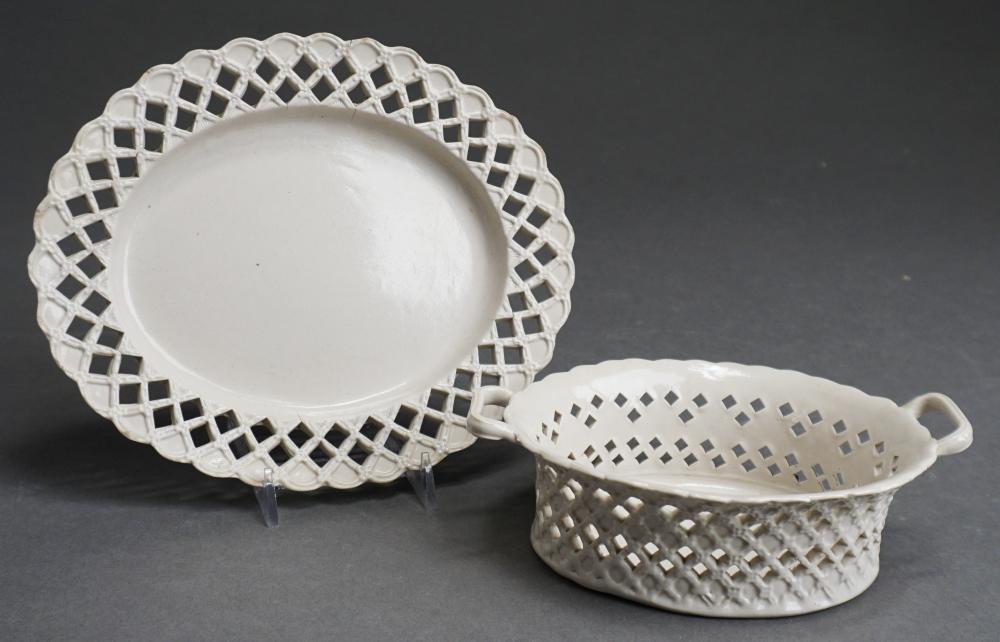 Appraisal: STAFFORDSHIRE WHITE GLAZE STONEWARE PIERCED BASKET AND ASSOCIATED STAND TH