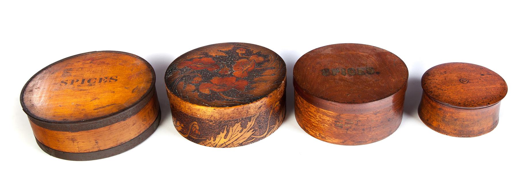 Appraisal: FOUR CIRCULAR WOODEN BOXES American late th-early th century Pyrographic